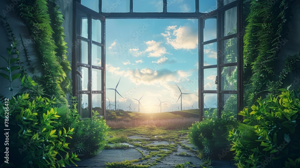 Fototapeta premium An artistic interpretation of a door swung wide open, presenting a vision of renewable energy and green technologies