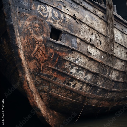 An ancient ship with tattered sails and mysterious symbols etched into the hull , photo