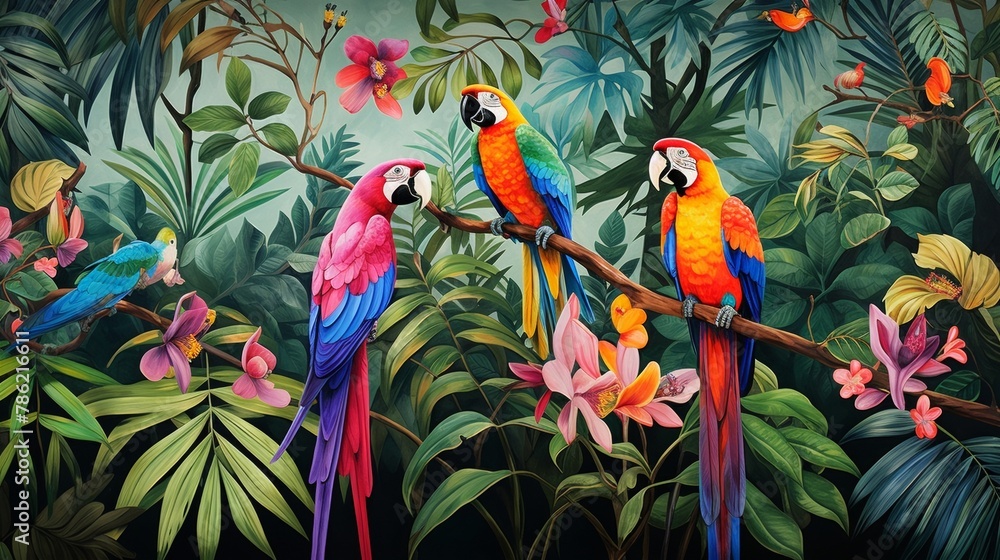 Vibrant birds perched among lush greenery in a tropical rainforest Vibrant birds perched among lush greenery in a tropical rainforest