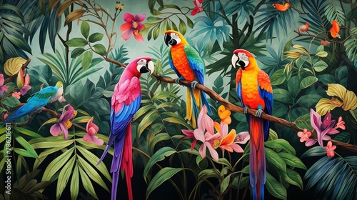 Vibrant birds perched among lush greenery in a tropical rainforest  © AlexCaelus