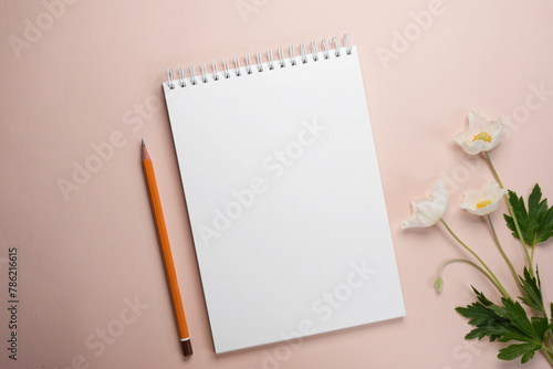 Floral flat lay with anemone flowers, notebook blank on a beige background. Mockup, copy space.
