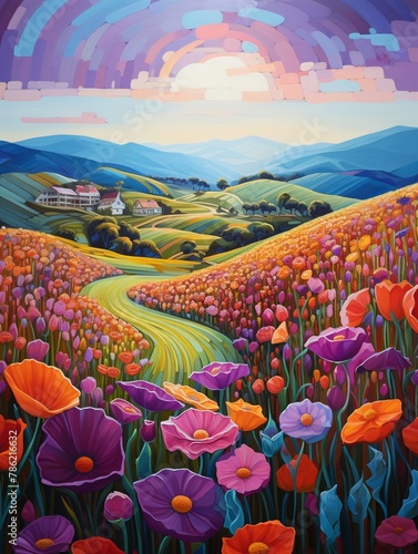 A breathtaking landscape of rolling hills and vibrant flowers