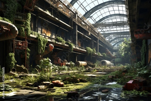 A dimension ending space filled with exotic flora and fauna amidst industrial factory remnants