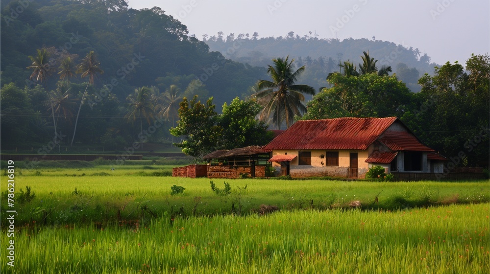 House in the mountains with green fields, trees, and clear sky in a rural landscape House in the mountains with green fields, trees, and clear sky in a rural landscape