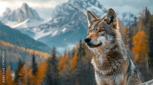 Mountain landscape with closeup of wolf standing with green forest and cliffs