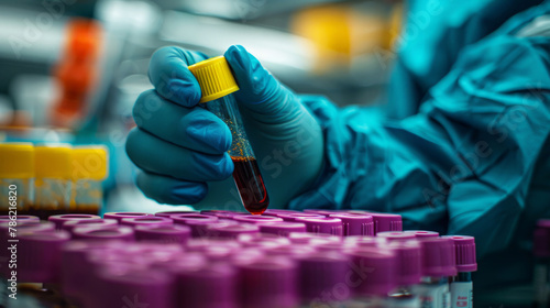 Medical worker in lab coat holding a test tube labeled Alaskapox virus photo