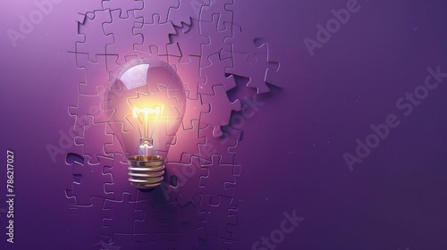 A single puzzle piece floating into place to complete a glowing light bulb, epitome of innovation, on a purple background photo