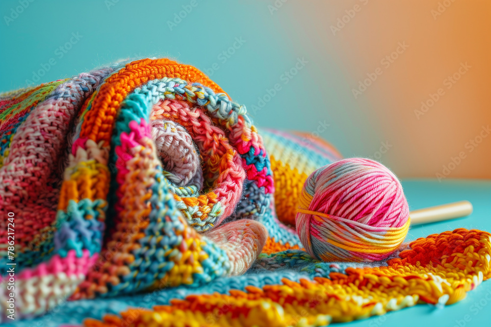 An inviting rainbow-hued knitted bedspread, accompanied by a vibrant spool of yarn and a knitting needle, evoking the cozy allure of craft and comfort. An inviting rainbow-hued knitted bedspread, accompanied by a vibrant spool of yarn and a knitting needle, evoking the cozy allure of craft and comfort.