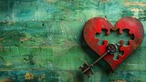 Closeup of a heart puzzle missing a piece, with an antique key casting a shadow over a bold green background
