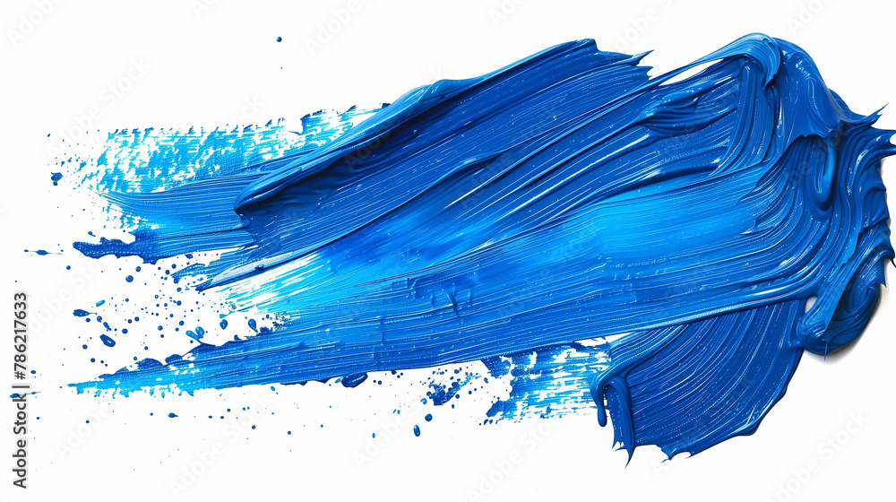Blue paint splatter on white surface. Isolated blue stroke on white background. Blue color paint splatter on white backdrop.