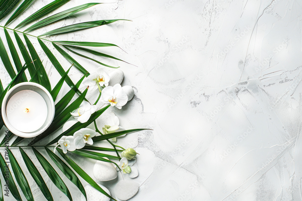 Spa concept on white stone background, palm leaves, flower, candle. Spa concept on white stone background, palm leaves, flower, candle.