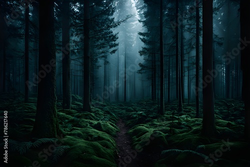 Dark and moody Ethereal forest pathway shrouded in mist, with lush green moss and soft light filtering through towering trees. generative ai © Faheem
