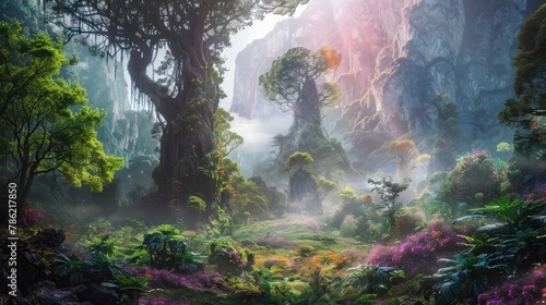A surreal dreamscape featuring an otherworldly jungle, where colorful vines and exotic flora thrive amidst the towering trees and mist-shrouded valleys of an alien landscape.