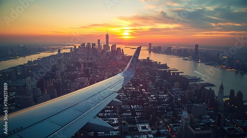 A plane is flying over a city at sunset