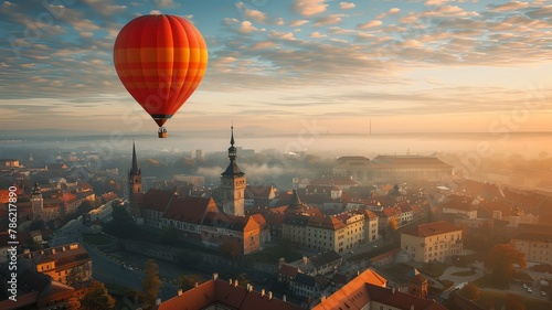 A hot air balloon is flying over a city with a foggy atmosphere photo