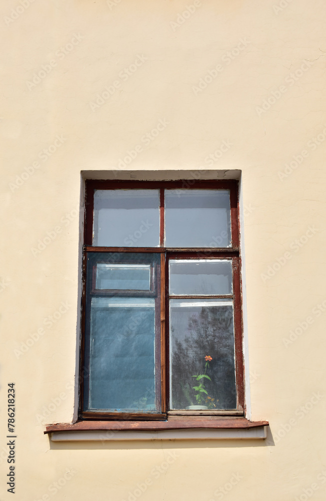 Fototapeta premium View of an old wooden window. There is a flower in the window.