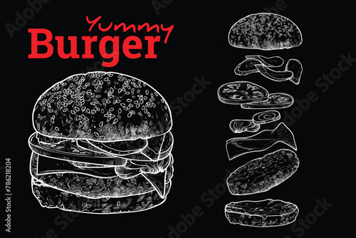 Vector yummy burger line art hand drawn with pickles, tomatoes, cheese, onions, mayo, ketchup, bread bun and meat. Layered drawn.