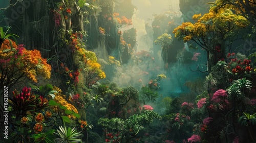 A surreal dreamscape featuring an otherworldly jungle, where colorful vines and exotic flora thrive amidst the towering trees and mist-shrouded valleys of an alien landscape.