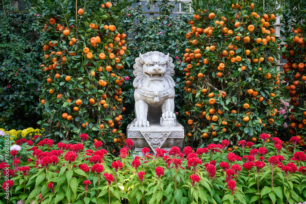 Lion statue between the orange trees and flowers Lion statue between the orange trees and flowers