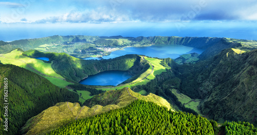 Beautiful lake of Sete Cidades from drone, Azores, Portugal Europe photo