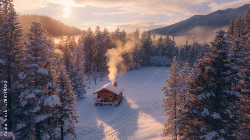 cozy cabin nestled among tall pine trees with smoke rising from the chimney on a crisp winter day