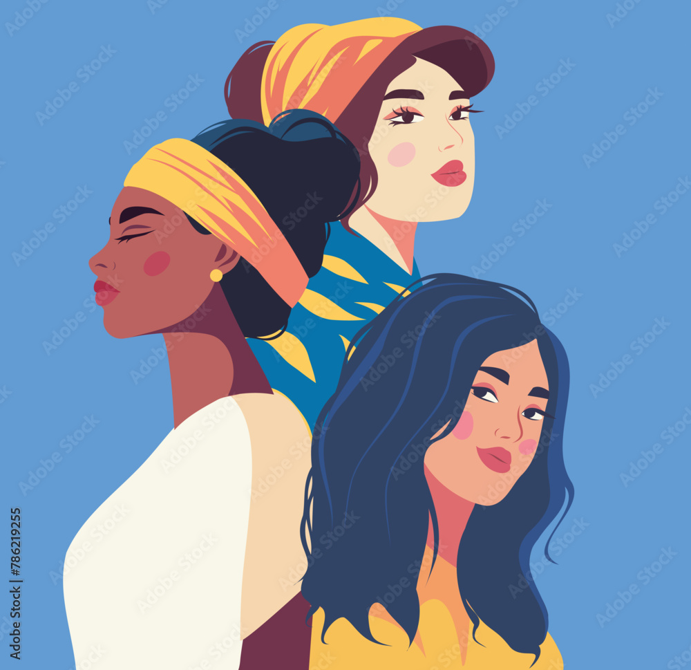 Vector banner illustration of multi-ethnic women. A group of women of different beauty and skin color. The concept of woman, femininity, independence. Concept of the movement for gender equality 