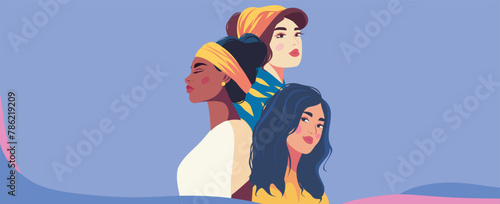 Vector banner illustration of multi-ethnic women. A group of women of different beauty and skin color. Concept of woman, independence. Vector concept of movement for gender equality 