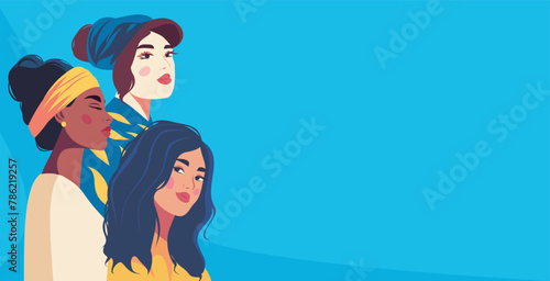 Vector banner illustration of multi-ethnic women. A group of women of different beauty and skin color. Young women, independence. Vector concept of movement for gender equality and women's empowerment