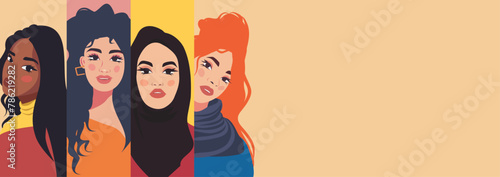 Vector banner modern beige background illustration of women's rights movement. Different ethnic group of women of different skin color. Young women, independence. Gender equality movement vector conce