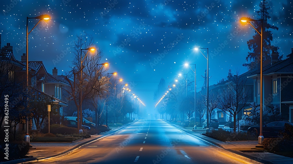 A row of smart, energy-efficient streetlights lining a quiet, suburban street. - obrazy, fototapety, plakaty 
