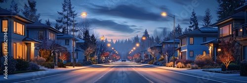 A row of smart, energy-efficient streetlights lining a quiet, suburban street. © mohammed