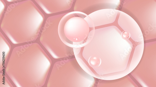 Hyaluronic acid and Niacinamide hair and skin solutions ad, pink collagen serum drops into skin cell with cosmetic advertising background ready to use, illustration vector.	