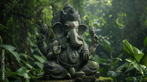 Serene statue of Ganesha amidst lush greenery, symbolizing peace and spirituality