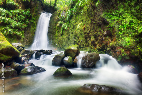 Fototapeta Naklejka Na Ścianę i Meble -  Beautiful waterfalls from the Azores - Salto do Prego, green stream in rainforest