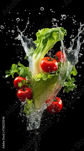 Beautiful vegetables and herbs falling with splashes into the water. On a dark background.