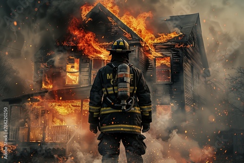 A firefighter watching a house burn down, unable to help, representing helplessness and sorrow