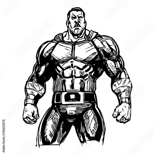 Strongman . Fictional character . Black and white illustration generated by Ai