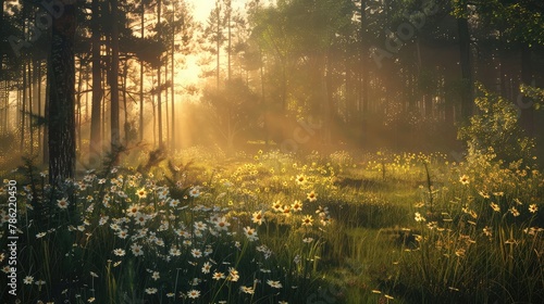 A tranquil forest clearing bathed in the golden light of dawn, with dew-kissed grasses and wildflowers blooming amidst the peaceful serenity of nature. 