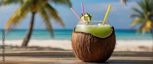  opened coconut with a straw against a sandy tropical beach ocean background
