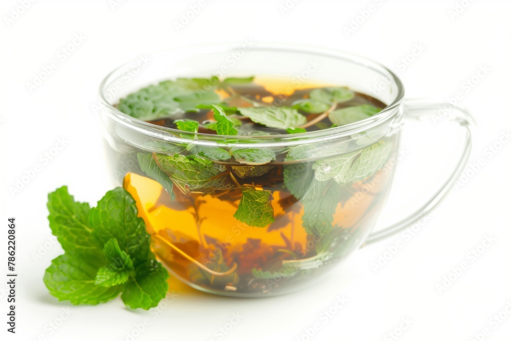 Cup with green tea and green leaves. Cup with green tea and green leaves.