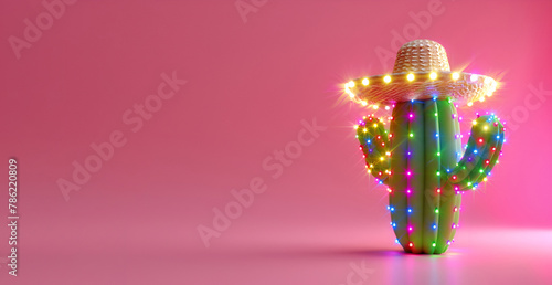 A Mexican cactus adorned with a sombrero hat, pink background, Cinco de Mayo