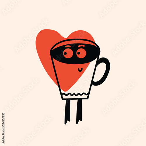 Retro doodle funny character coffee with heart poster. Vintage drink vector illustration. Latte, cappuccino, coffee cup mascot. Nostalgia 60, 70s, 80s.