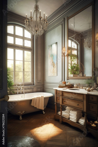 Interior of bathroom in modern house in Provence style.