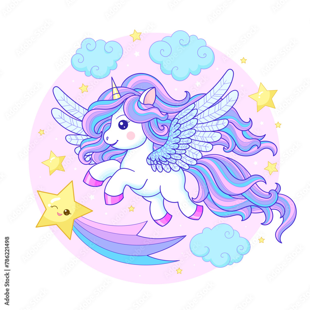 Naklejka premium A cute, cartoon white unicorn with a long rainbow mane flies in the sky with a star. Magic theme. For children's design of prints, posters, cards, stickers, puzzles, etc. Vector illustration