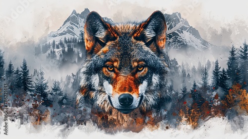 Grey wolf portrait with double exposure nature landscape of forest and mountains