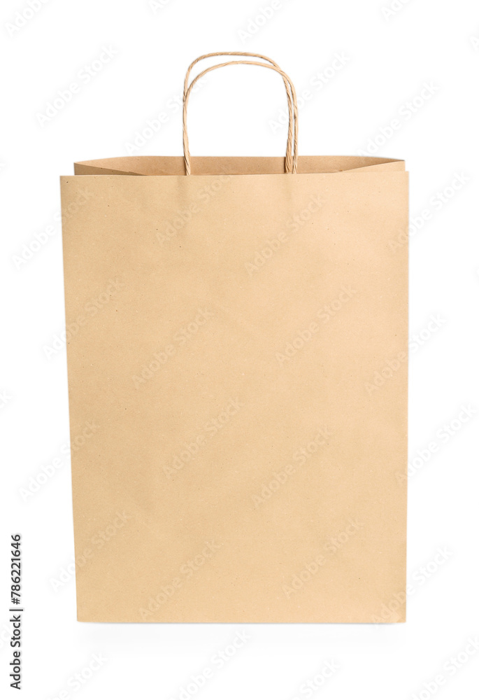 One kraft paper bag isolated on white. Mockup for design One kraft paper bag isolated on white. Mockup for design