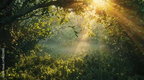 A tranquil forest glade bathed in the golden light of sunset, with sunlight filtering through the dense canopy and illuminating the lush undergrowth, a peaceful oasis amidst the bustling world.