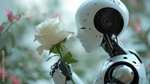 Robot Holding a White Rose Surrounded by Pink and White Flowers in a Beautiful Garden Setting
