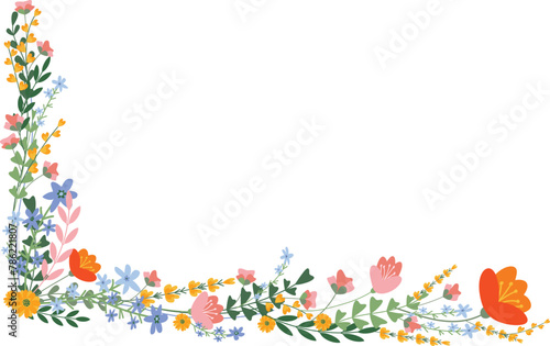 Frame corner border with bright flowers and leaves.	
