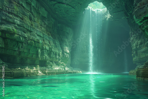 Cave with a waterfall and a stream of water